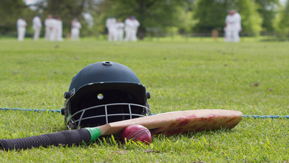 Cricket helmet, bat and ball on grass